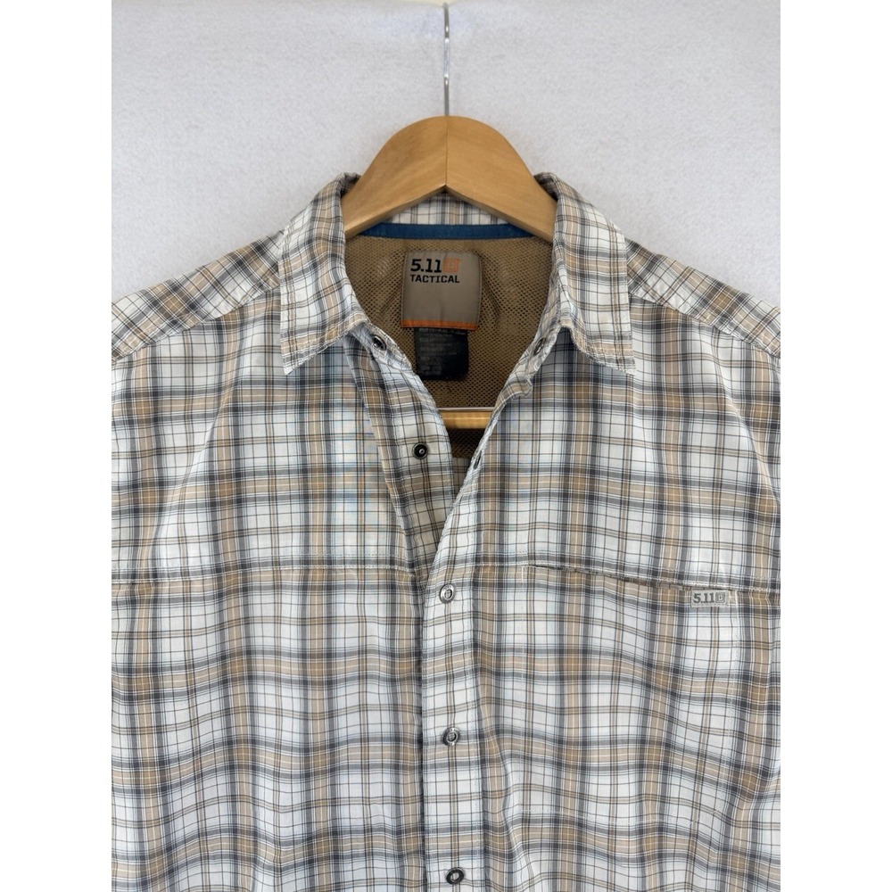 5.11‎ Tactical Hunter Short Sleeve Button Down Shirt Brown Gray Plaid Sz M, A1